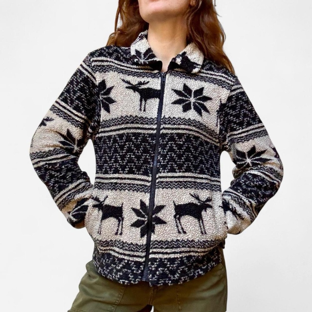 Vintage zip up fleece fair isle moose print